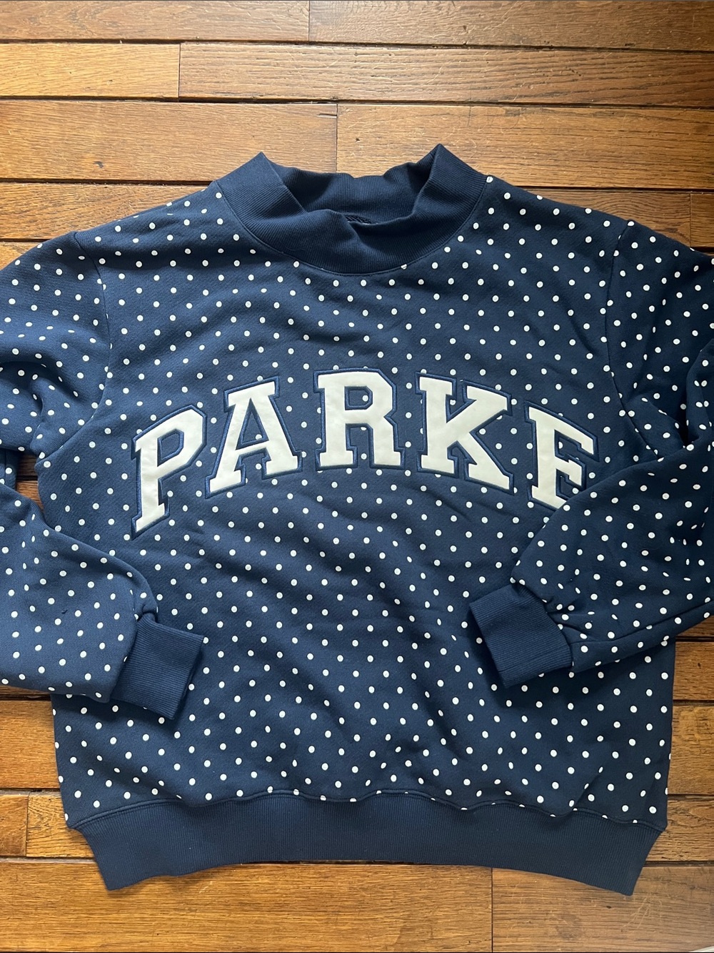 PARKE Denim White Polka Dot Varsity Mockneck Heritage Size S/M New In Bag NWT - Picture 6 of 7